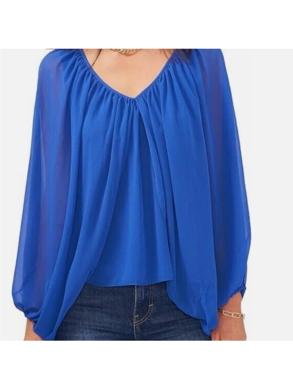 NWT Vince Camuto Women's Bubble Sleeve Flutter Blouse in Deep Azure- Size XS